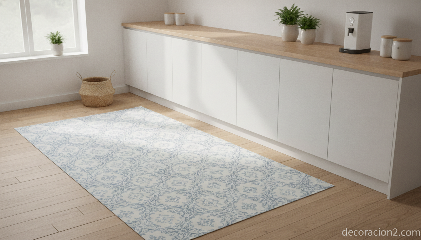 Cocina moderna con una alfombra de vinilo de diseño hidráulico