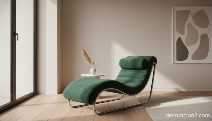 Sillón Boomerang de Rodolfo Bonetto en terciopelo verde en salón moderno