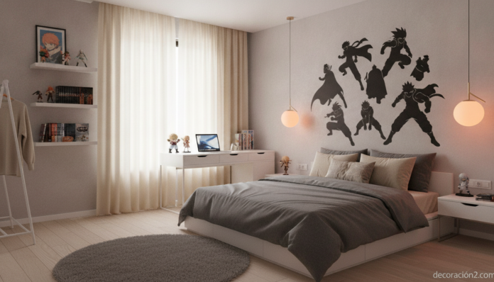 Dormitorio juvenil decorado con vinilos manga en la pared