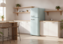 Frigorífico Smeg de estilo retro en color azul pastel en una cocina luminosa