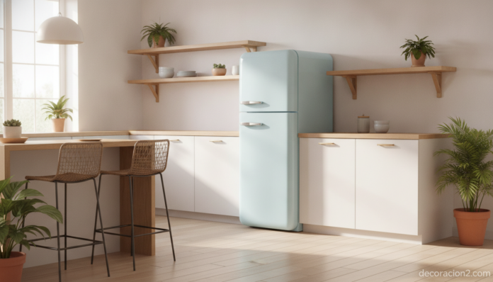 Frigorífico Smeg de estilo retro en color azul pastel en una cocina luminosa