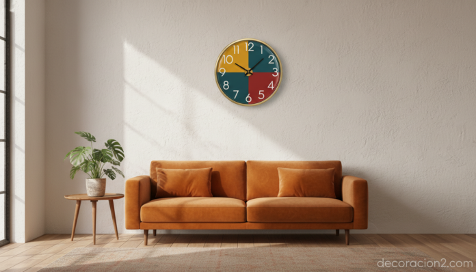 Reloj de pared de colores estilo retro decorando un salón moderno