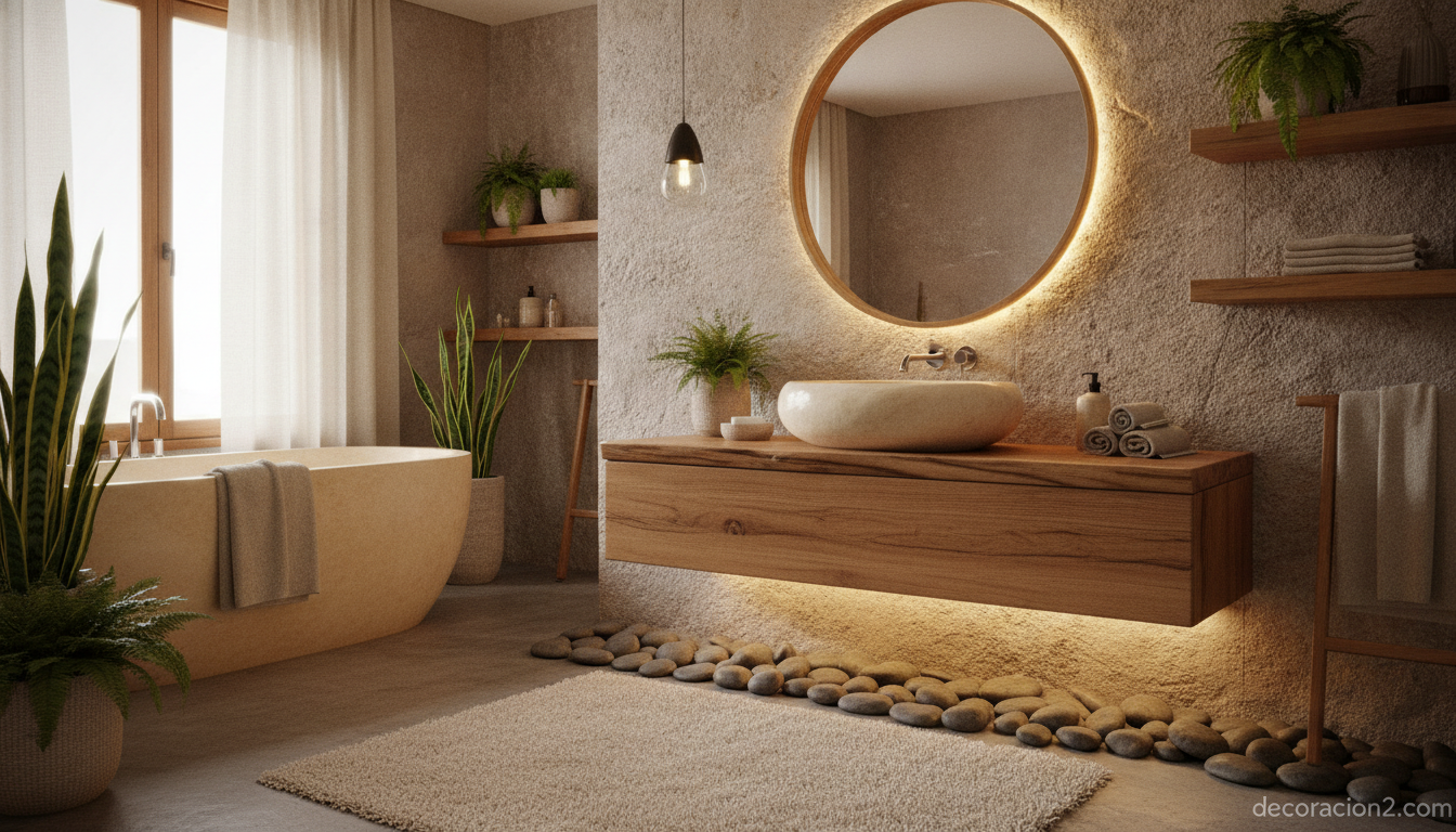 Baño de madera y piedra con lavabo de formas orgánicas y ambiente cálido