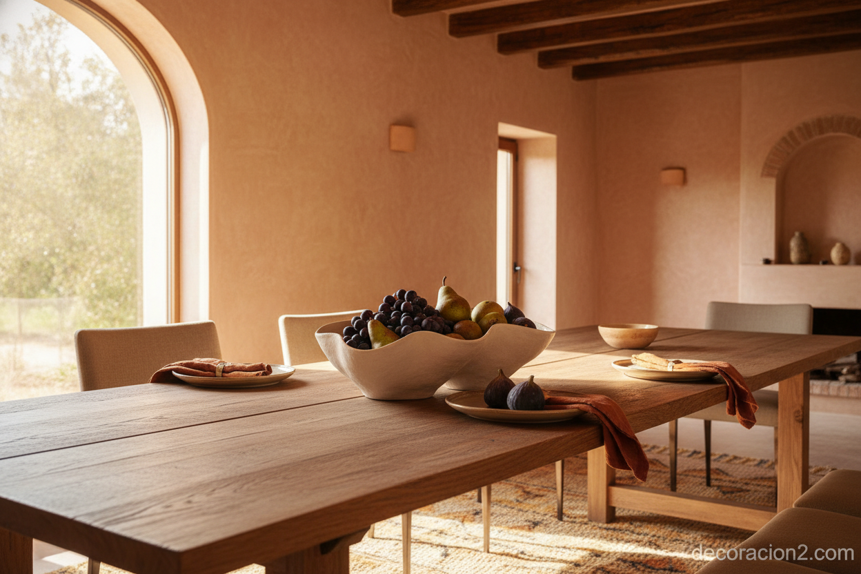 Frutero de diseño como centro decorativo sobre una mesa de comedor cálida