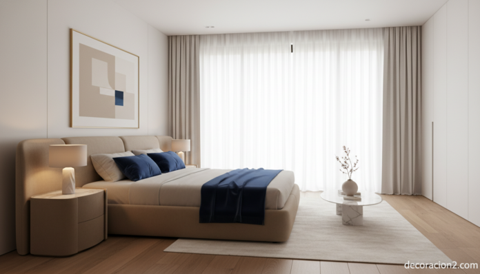 Dormitorio contemporáneo con cama de diseño de líneas suaves estilo Roche Bobois