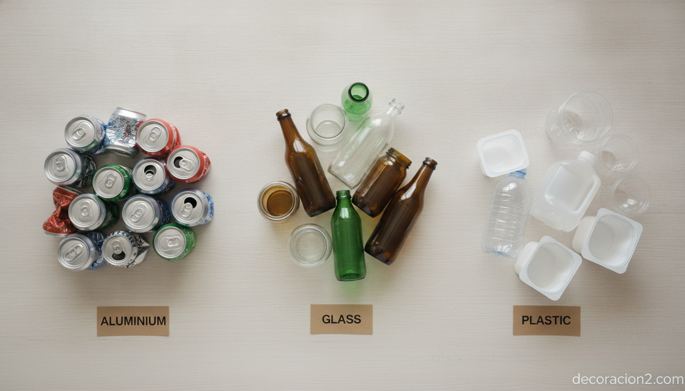 Panel de reciclaje para fiestas en casa: orden y sostenibilidad 10 Envases separados por tipo para reciclaje en casa de forma sostenible