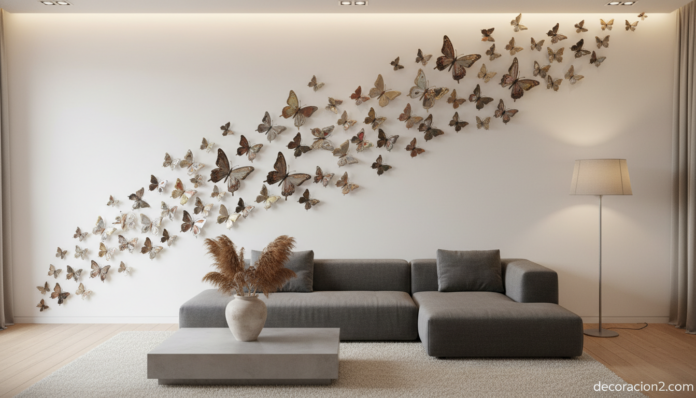 Instalación de mariposas recicladas en pared blanca de salón contemporáneo