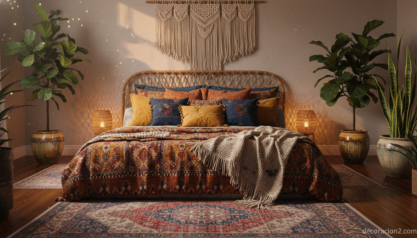 Dormitorio bohemio con ropa de cama de colores y estampados étnicos
