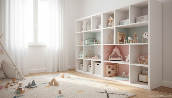 Muebles infantiles con casita de muñecas integrada en una estantería modular