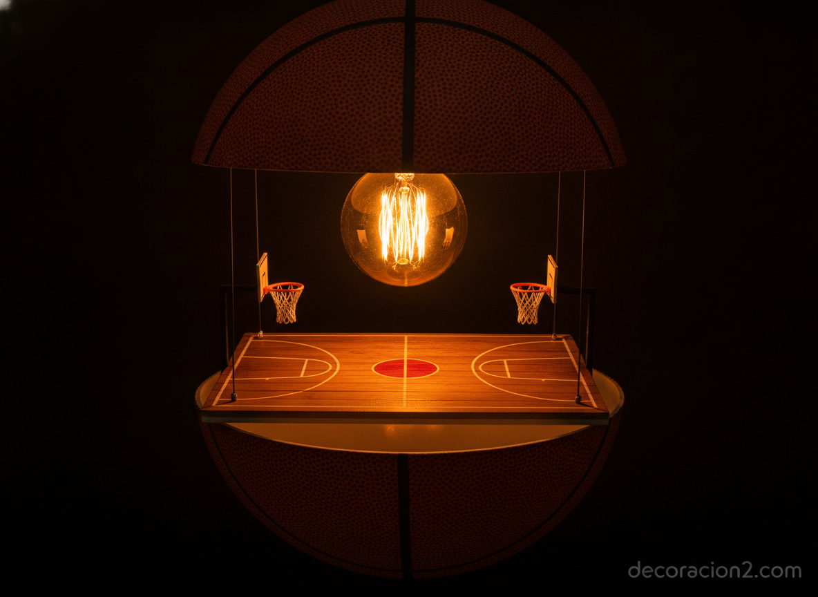 Detalle de una lámpara de baloncesto con pelota y canastas en miniatura