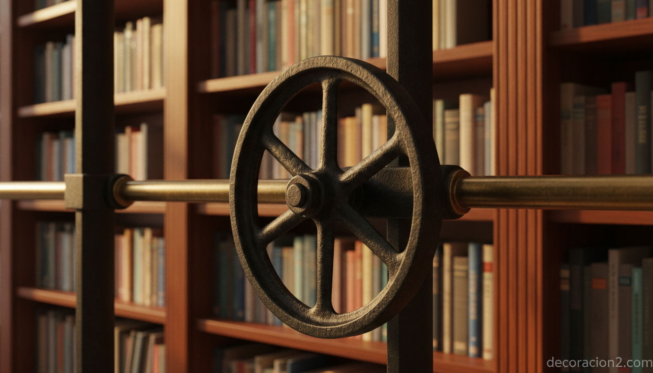 Librería en techos altos: cómo aprovechar la altura para ganar espacio 1 Detalle de escalera corredera de hierro tipo biblioteca sobre estanterías de madera