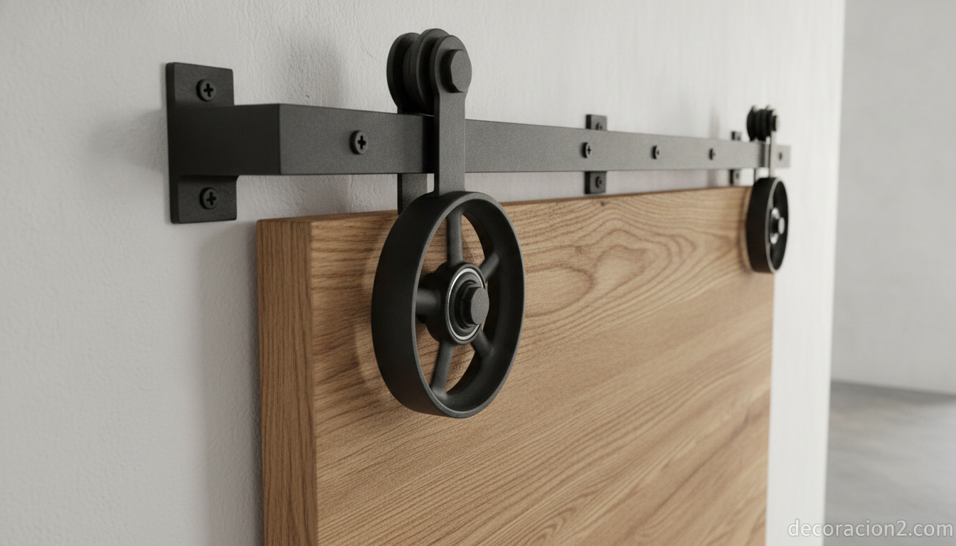Detalle de la guía y el herraje metálico de una puerta corredera