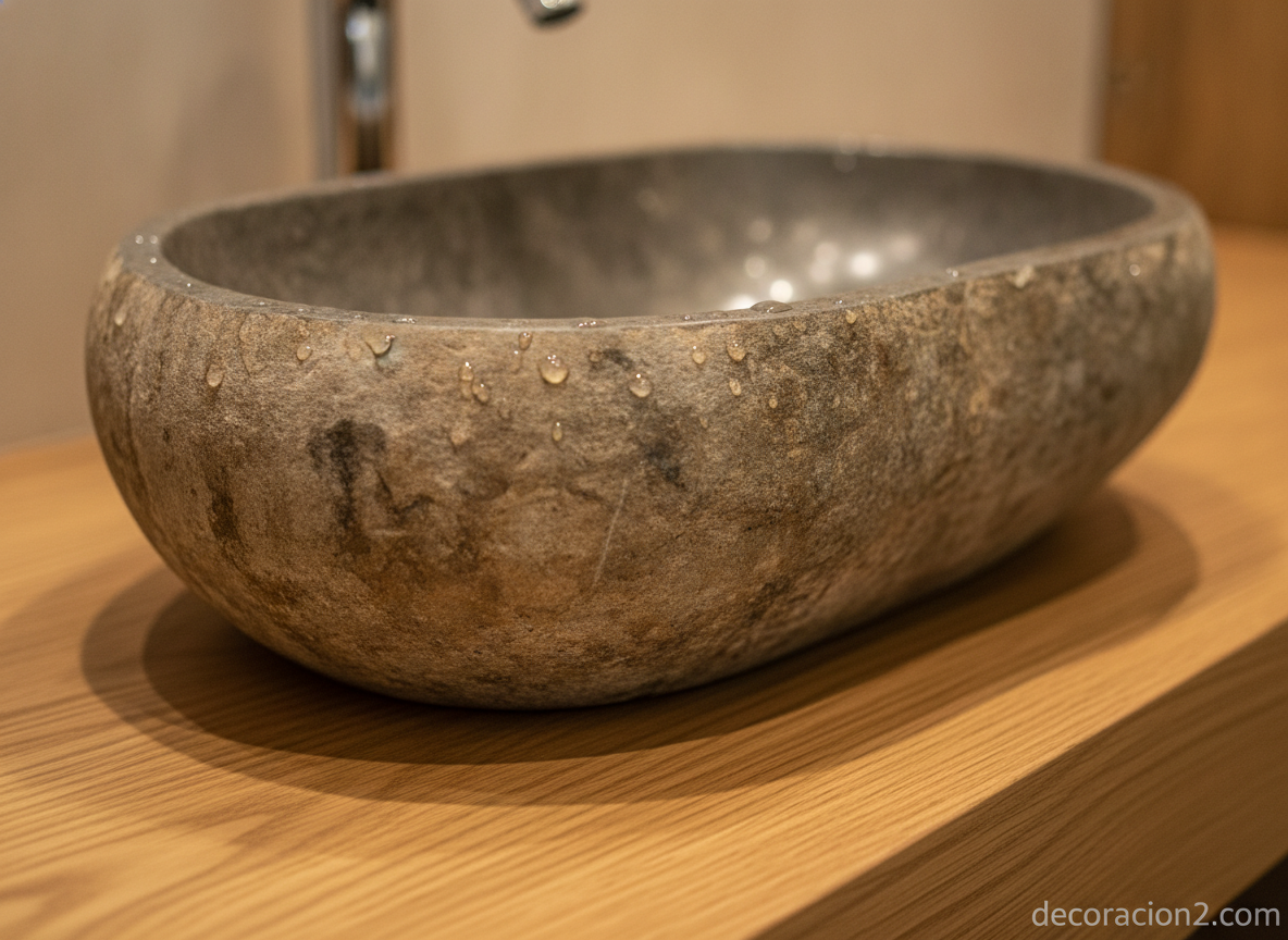 Detalle de lavabo de piedra tallada sobre encimera de madera