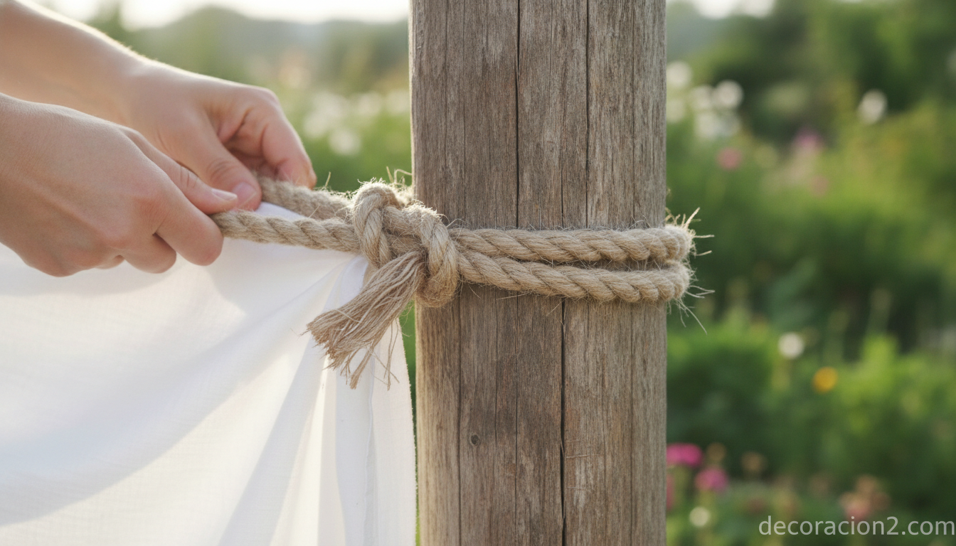 Detalle de la tela atada a un poste de madera para montar la pérgola