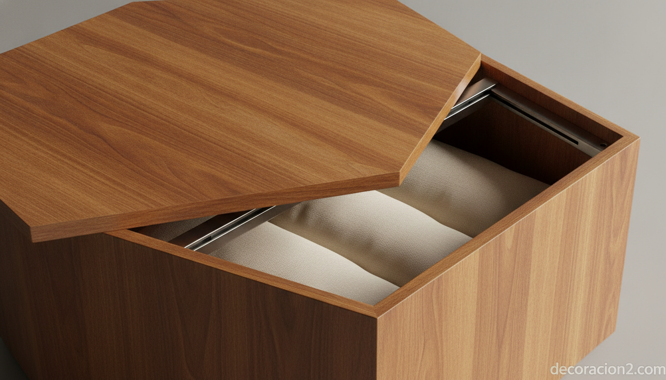 Detalle del tablero deslizante de la mesa hexagonal que esconde cojines en su interior