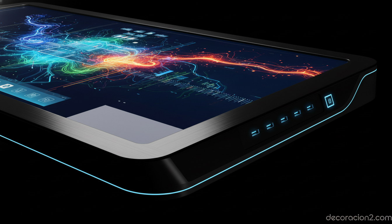 Detalle de pantalla integrada en superficie de escritorio con puertos USB