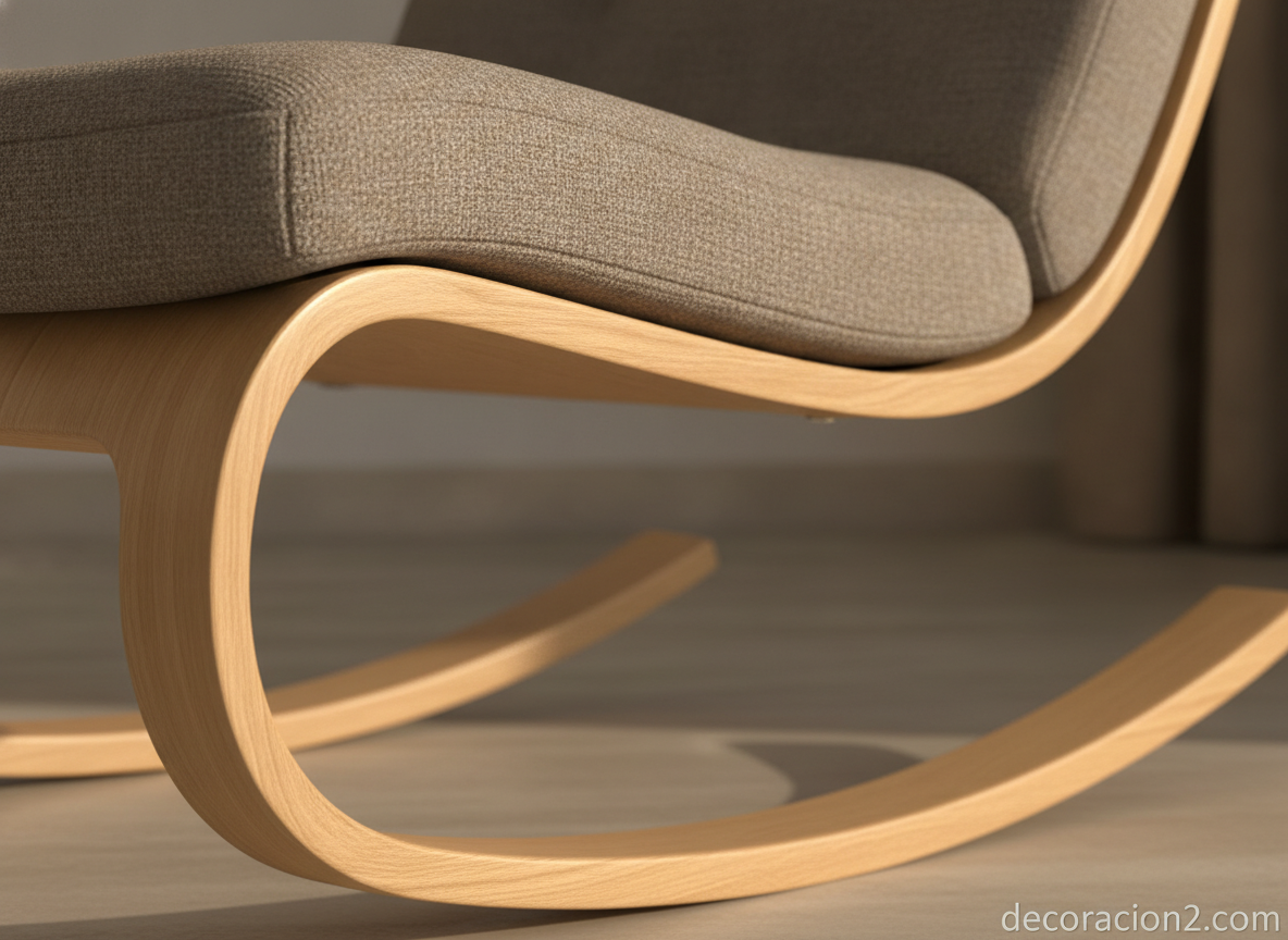 Detalle del balanceo y la madera curvada de una mecedora moderna