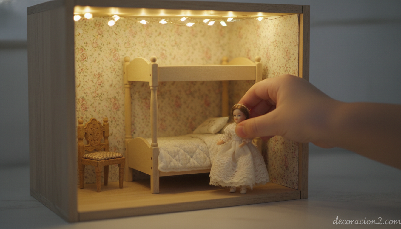 Detalle de módulo de estantería convertido en casita de muñecas en miniatura