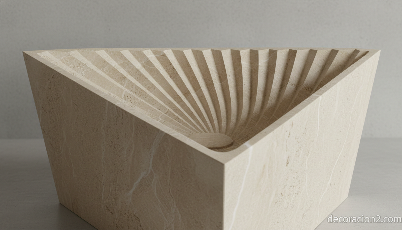 Detalle del lavabo de piedra natural Prisma con perfil triangular