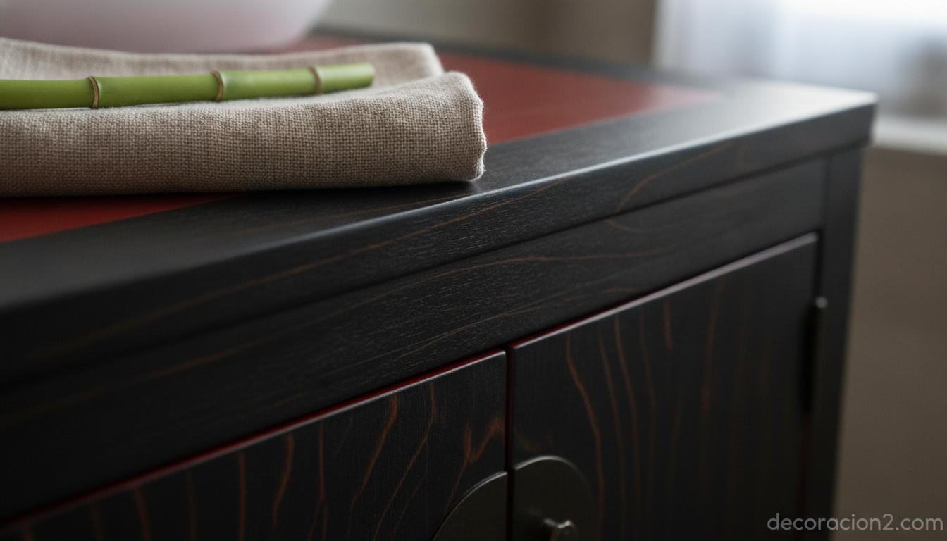 Baño de inspiración asiática: claves del estilo oriental de Greentea Design 1 Detalle de la textura de madera y laca negra de un mueble de baño de estilo oriental