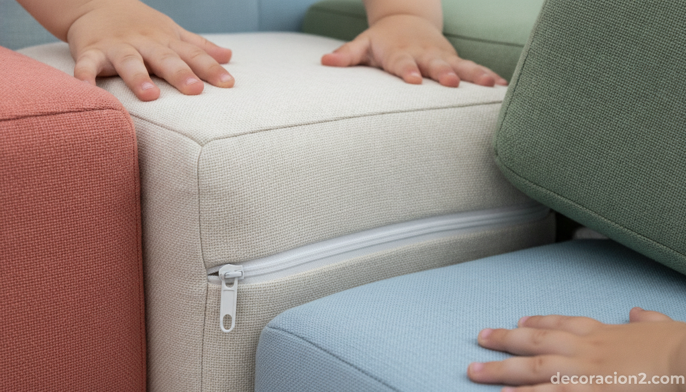 Detalle de los módulos de tela desenfundables del sofá convertible para niños