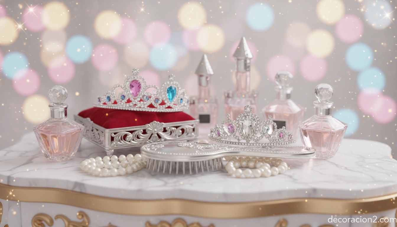 Detalle de accesorios sobre un tocador infantil de princesa con joyero y diademas
