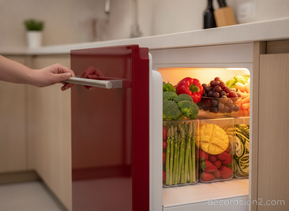 Frigoríficos bajo encimera: guía para integrar la nevera y ganar espacio en la cocina 7 Detalle de cajón refrigerador rojo bajo la encimera de la cocina