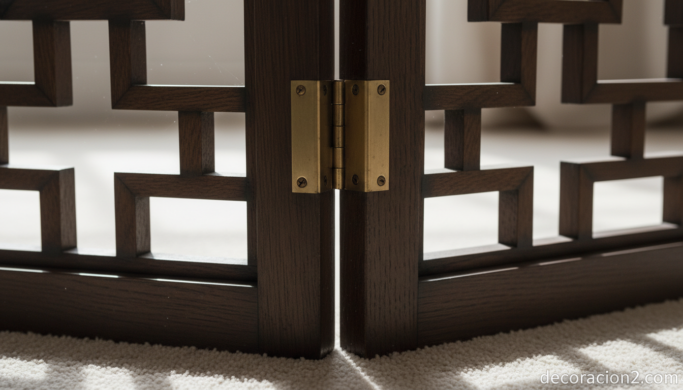 Biombos Armani Casa: separadores de ambientes con estilo italiano para tu hogar 1 Detalle de calados geométricos del biombo Armani Casa en madera oscura