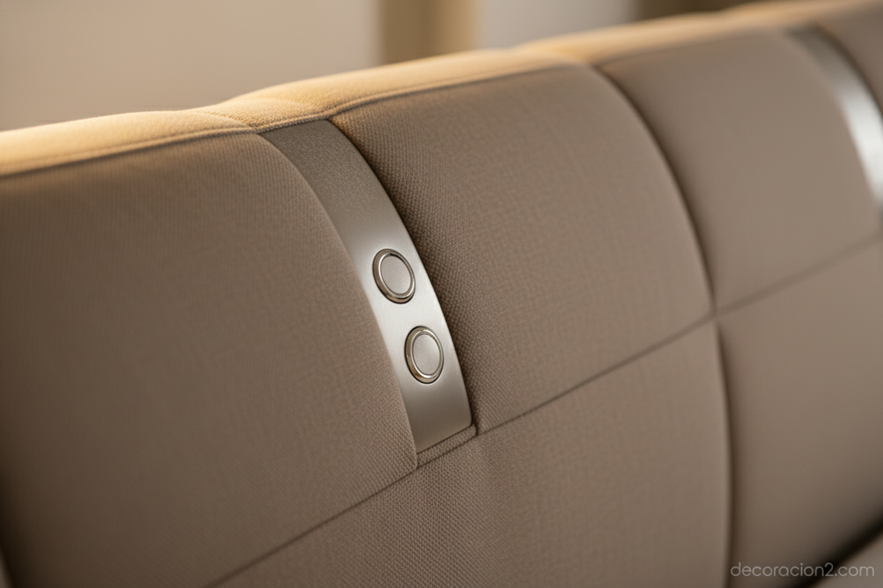 Detalle del cabecero tapizado curvo de una cama de diseño contemporáneo