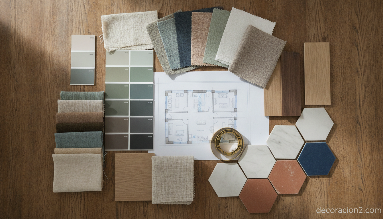 Muestrario de materiales y planos de un proyecto de decoración integral