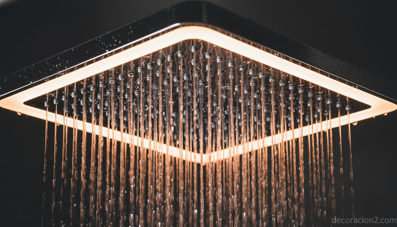 Detalle del rociador cuadrado de Jaclo con anillo LED ámbar