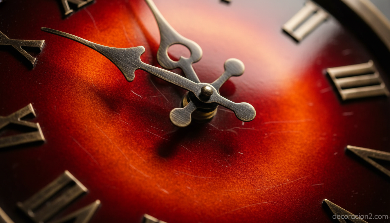 Detalle de la esfera de un reloj de pared de colores con acabado en metal lacado
