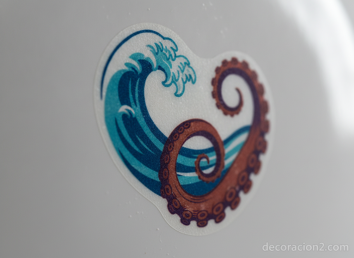 Detalle de un vinilo decorativo con motivo marino sobre la cisterna del inodoro