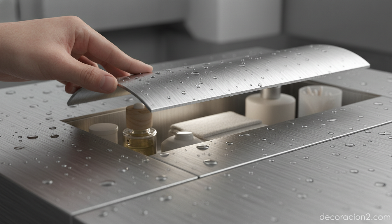 Baño modular compacto: Vertebrae, todo tu cuarto de baño en un solo bloque 3 Detalle de un módulo de almacenaje de aluminio con tapa en un baño modular