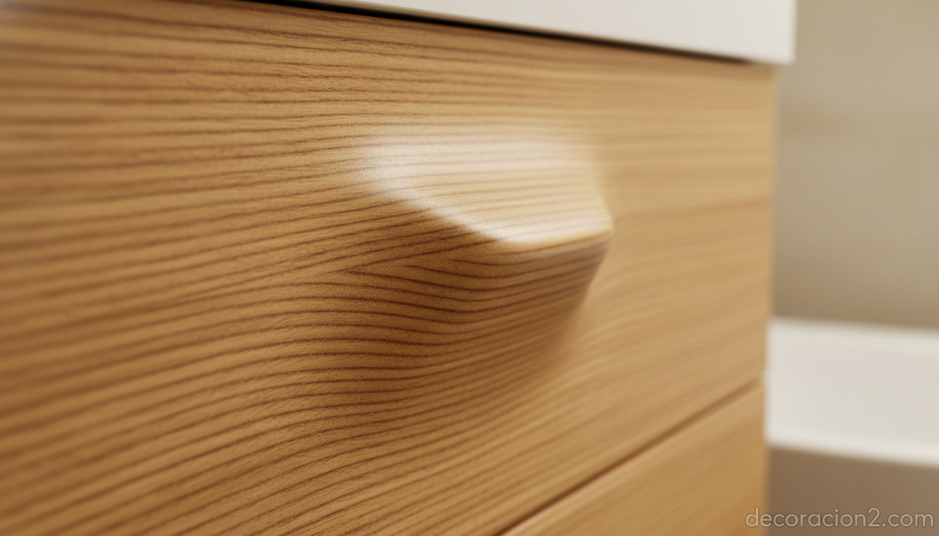 Detalle del cajón curvado del mueble de baño Bandini en madera estratificada