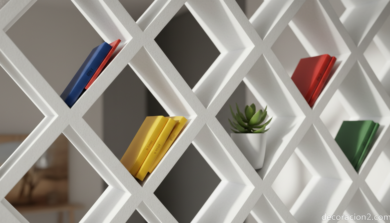 Detalle de los compartimentos romboidales de una estantería de diseño geométrico