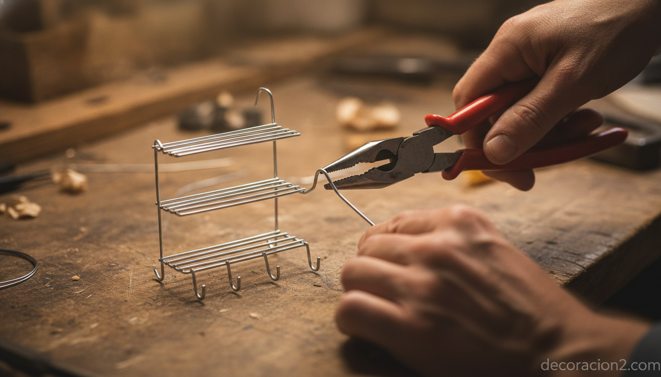 Manos doblando una percha de alambre para crear un estante DIY