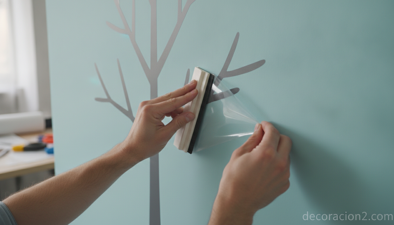 Persona colocando un vinilo decorativo con espátula para evitar burbujas