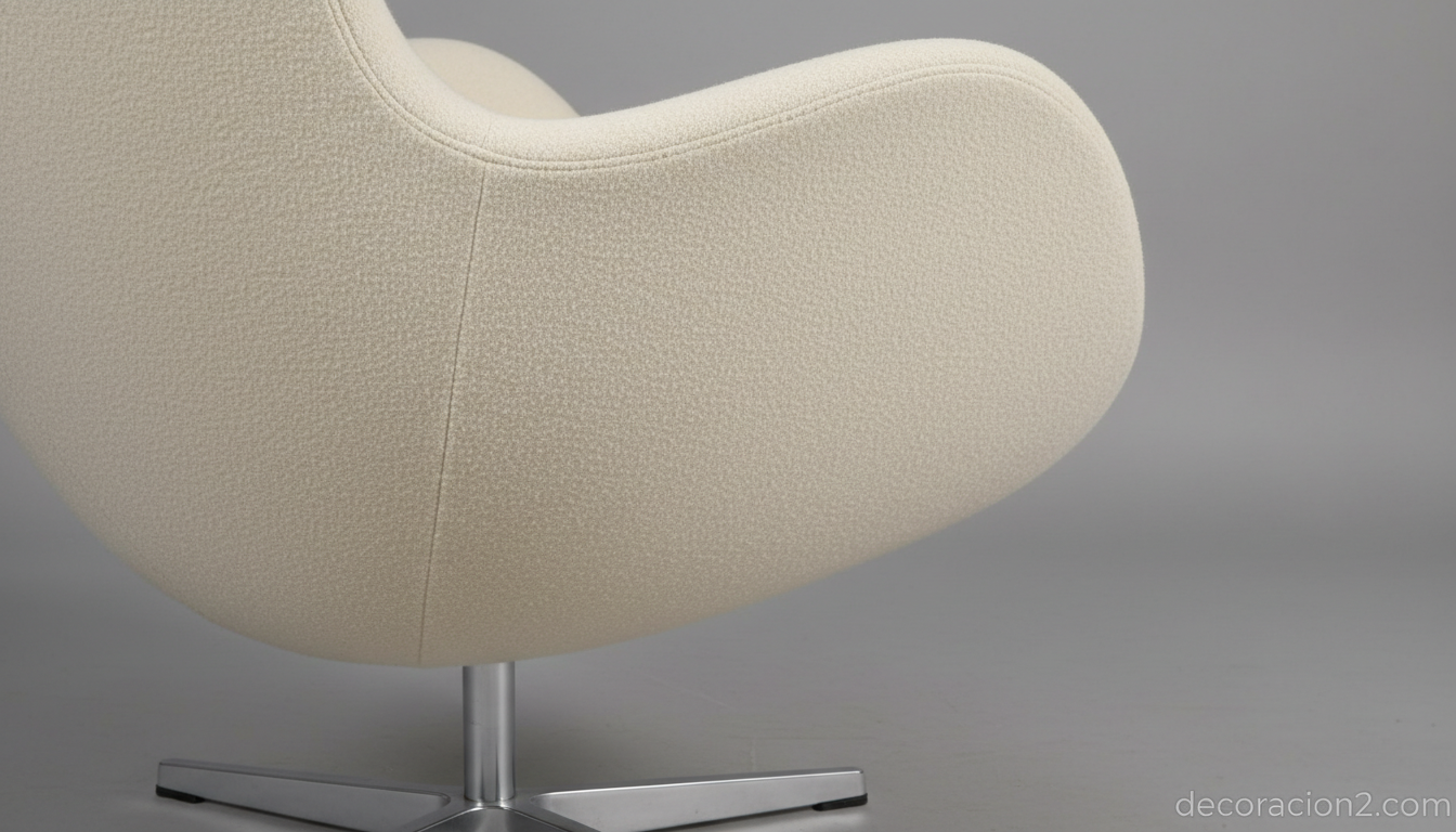 Detalle lateral del Egg Chair tapizado en crema con base de aluminio pulido