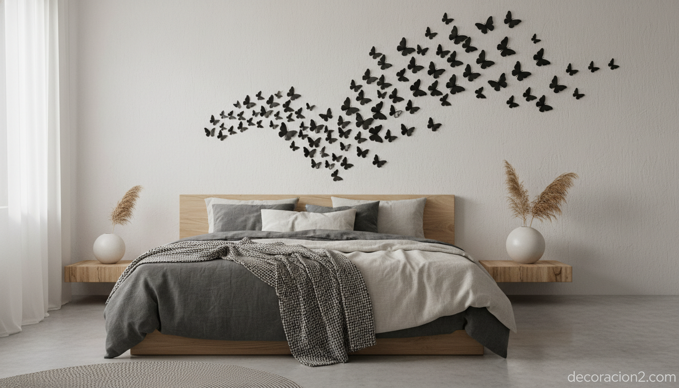 Mariposas recicladas negras en composición sobre cabecero de dormitorio nórdico