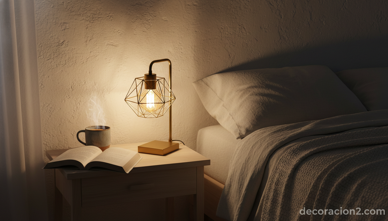Lámpara plegable de diseño sobre mesita de noche en dormitorio nórdico