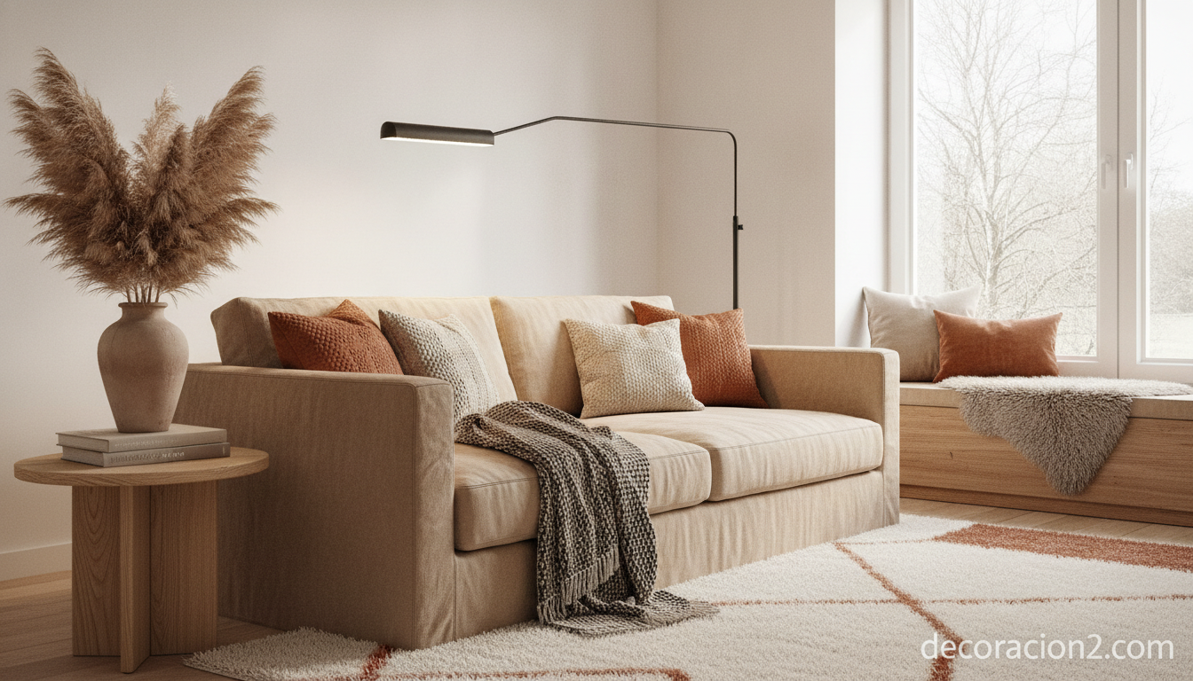 Salón decorado con tendencias de temporada en tonos neutros y materiales naturales