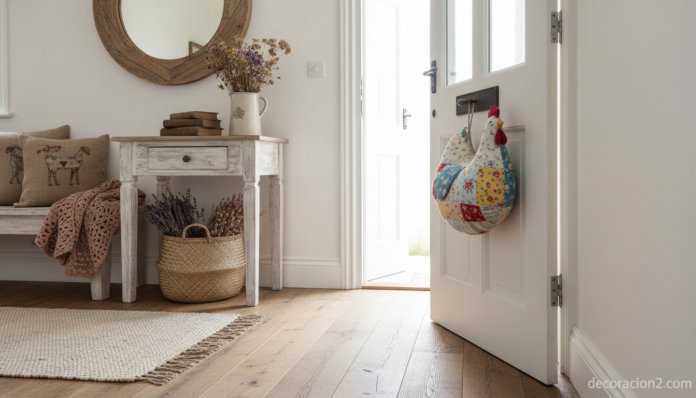Cozy rustic country-style home interior entryway, a charming handmade fabric hen doorstop in colorful floral patterned fab... Tope de puerta original con forma de gallina de tela sujetando una puerta blanca en un recibidor rústico