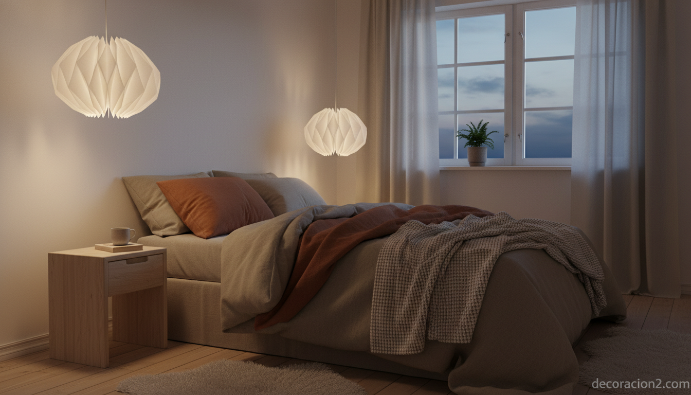 Lámpara colgante de diseño danés como luz de mesilla en dormitorio nórdico