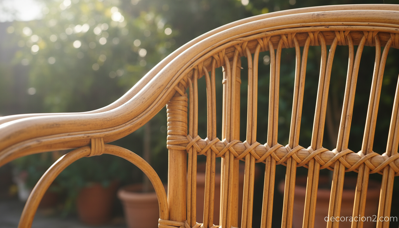 Detalle del tejido de ratán natural en sillón para jardín