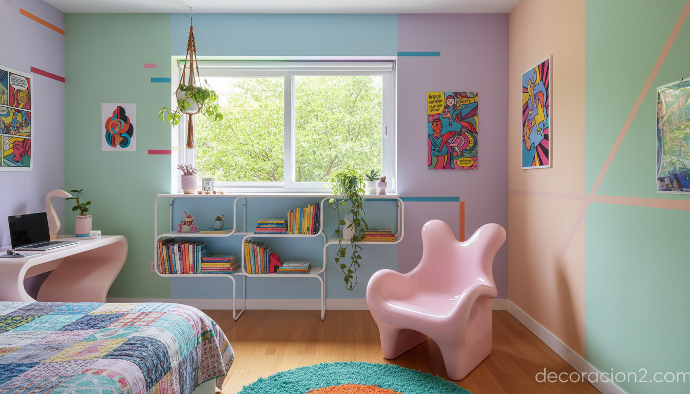 Sillón Splash rosa en dormitorio juvenil con decoración pop