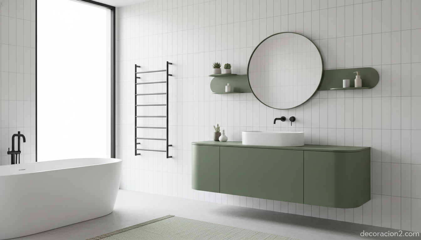 Baño moderno con mueble Bandini Atmosfera en tono verde y perfiles asimétricos