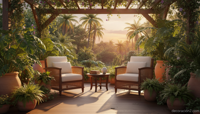 Sillones para el jardín de ratán en terraza colonial al atardecer