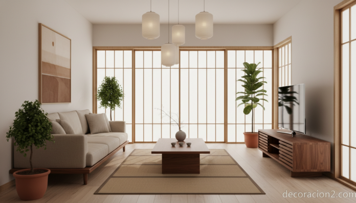 Salón con muebles japoneses Kozai en madera de nogal y estilo japandi