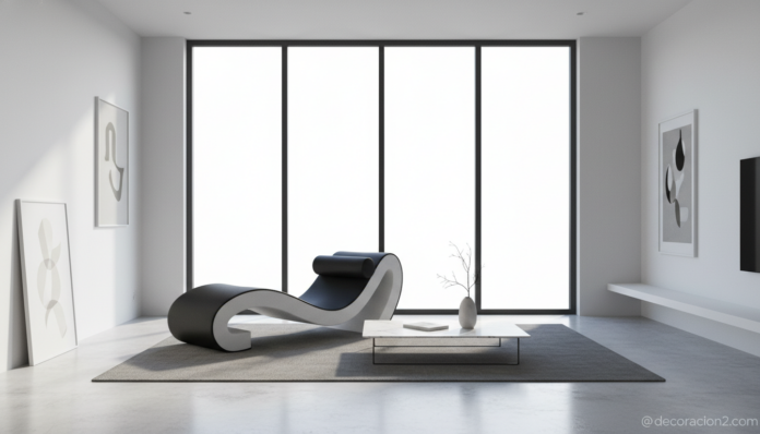 Salón moderno con chaise longue minimalista blanca y negra junto a ventanal
